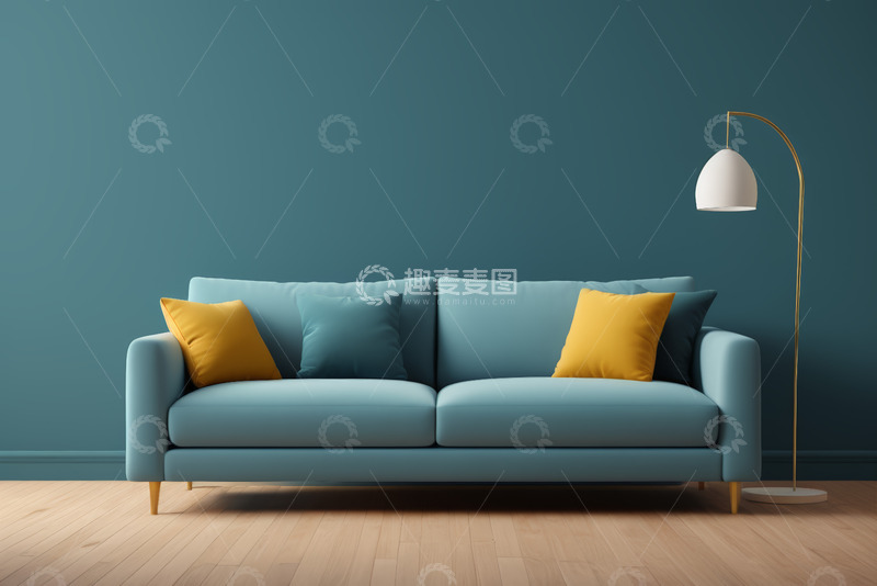 高清大图下载【趣麦麦图】蓝色沙发配落地灯室内场景