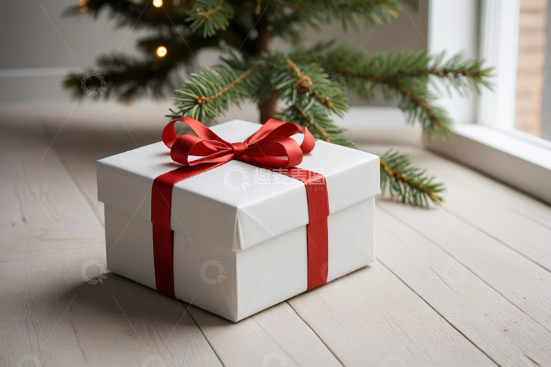 高清大图下载【趣麦麦图】窗前圣诞树旁的白色礼物