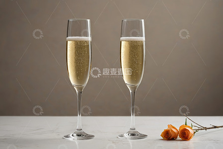 两杯香槟与橙色玫瑰静物