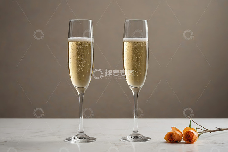 两杯香槟与橙色玫瑰静物