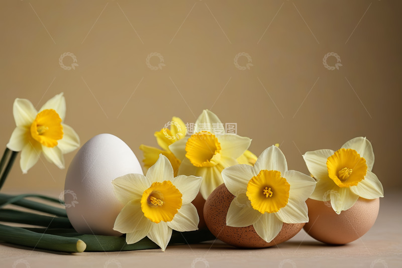 高清大图下载【趣麦麦图】鸡蛋与黄色水仙花静物素材