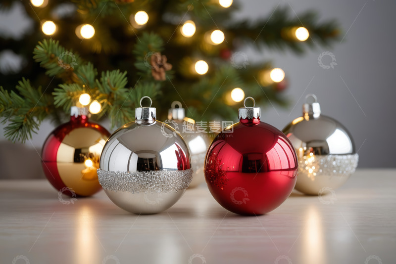 高清大图下载【趣麦麦图】圣诞装饰球与圣诞树背景