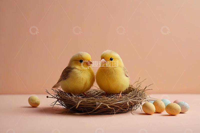 高清大图下载【趣麦麦图】鸟巢中的两只黄色小鸟与彩蛋