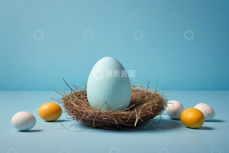 高清大图下载【趣麦麦图】蓝色背景下鸟巢与彩色鸡蛋