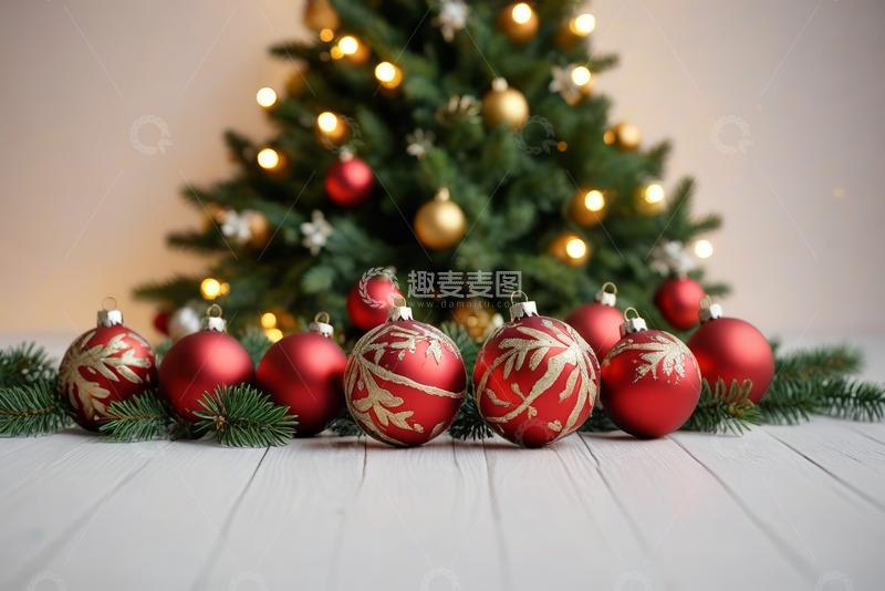 高清大图下载【趣麦麦图】红色圣诞装饰球与圣诞树
