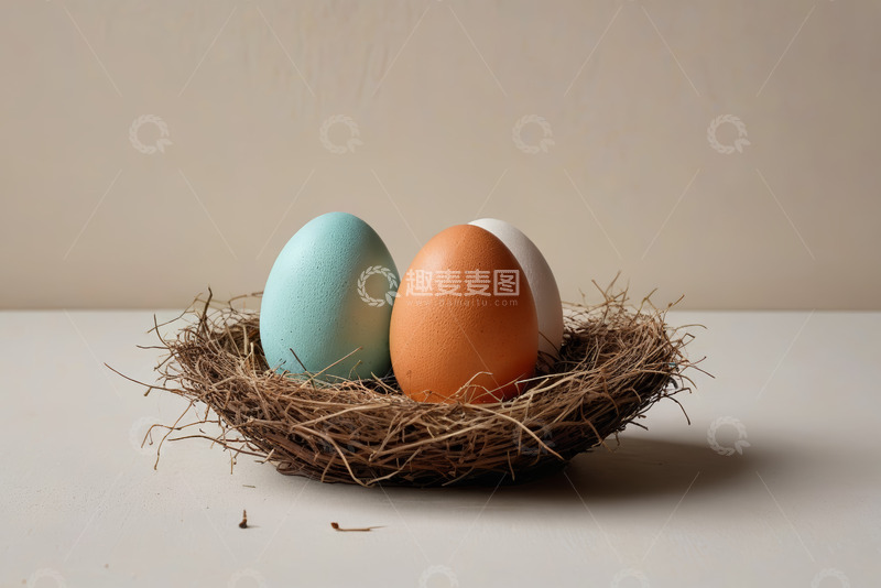 高清大图下载【趣麦麦图】鸟巢中摆放的彩色鸡蛋