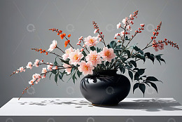 黑色花瓶中的粉色花卉