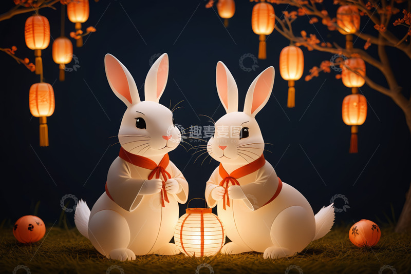高清大图下载【趣麦麦图】双兔贺岁灯笼场景