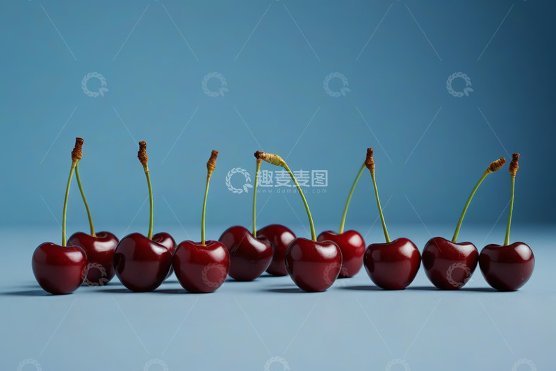 高清大图下载【趣麦麦图】蓝色背景上排列的新鲜樱桃
