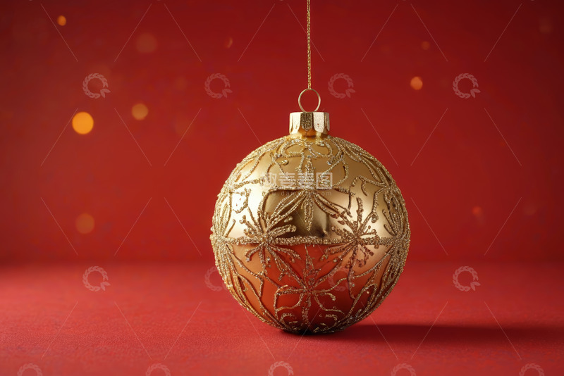 高清大图下载【趣麦麦图】红色背景下的金色圣诞装饰球