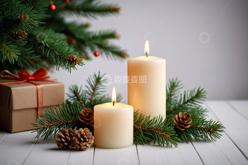 高清大图下载【趣麦麦图】圣诞装饰蜡烛与礼物场景