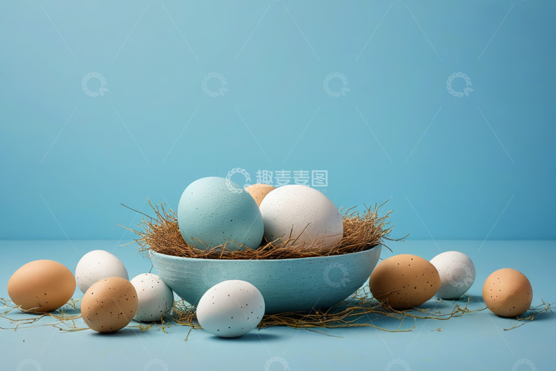 高清大图下载【趣麦麦图】碗中鸟巢与多彩鸡蛋
