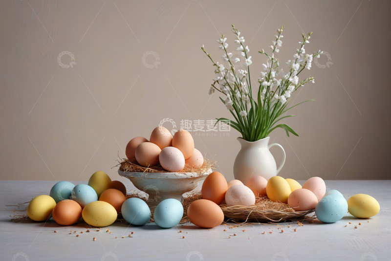 高清大图下载【趣麦麦图】装饰鸡蛋与花瓶花卉静物