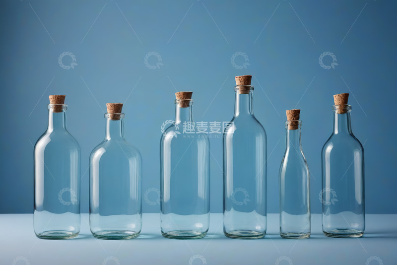 高清大图下载【趣麦麦图】蓝色背景下的玻璃空瓶