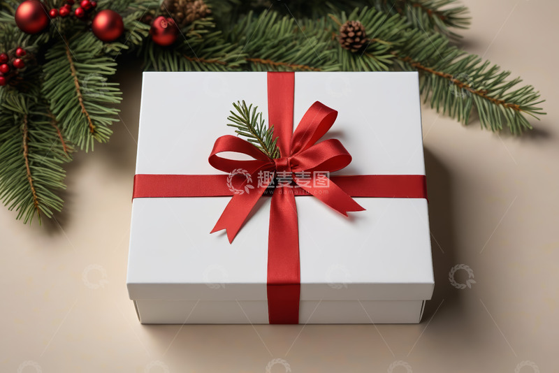 高清大图下载【趣麦麦图】白色礼盒配红色丝带圣诞装饰