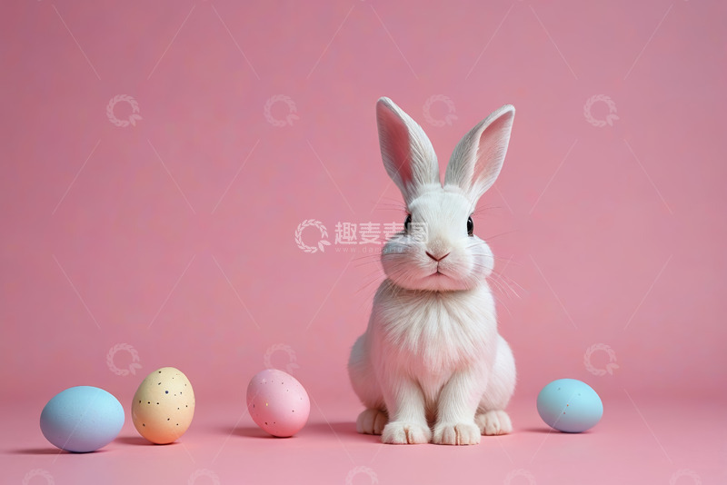 高清大图下载【趣麦麦图】粉色背景前白兔与彩蛋
