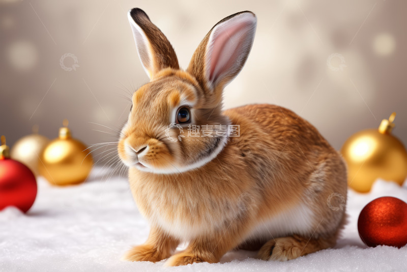 高清大图下载【趣麦麦图】雪地中的圣诞装饰与兔子