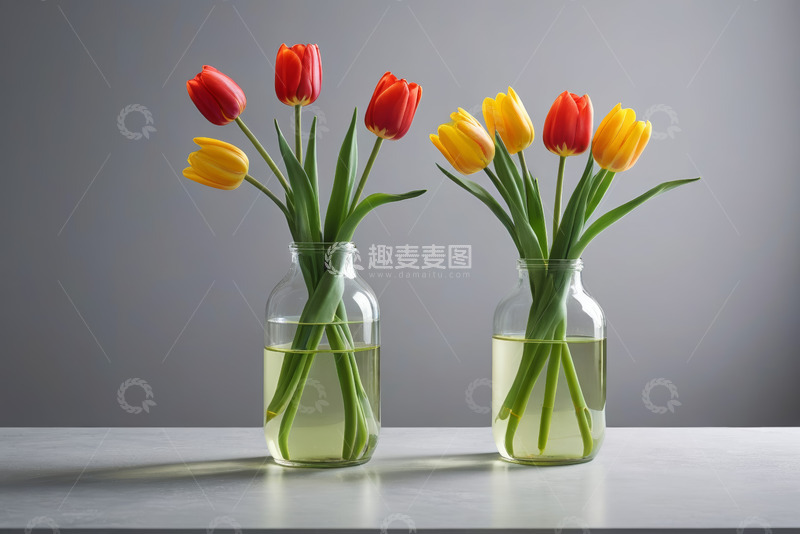 高清大图下载【趣麦麦图】玻璃瓶中红黄郁金香插花