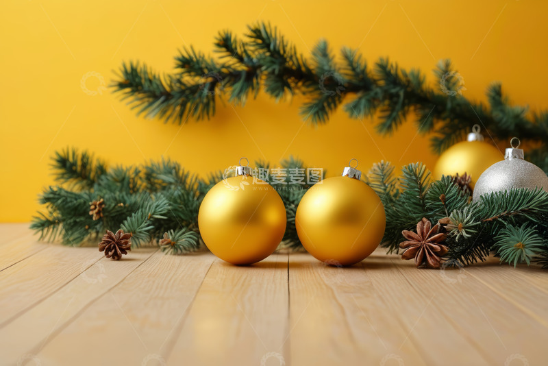 高清大图下载【趣麦麦图】木质桌面上的圣诞装饰球