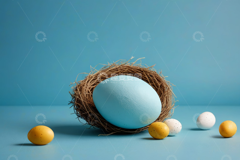 高清大图下载【趣麦麦图】蓝色背景鸟巢与彩蛋素材