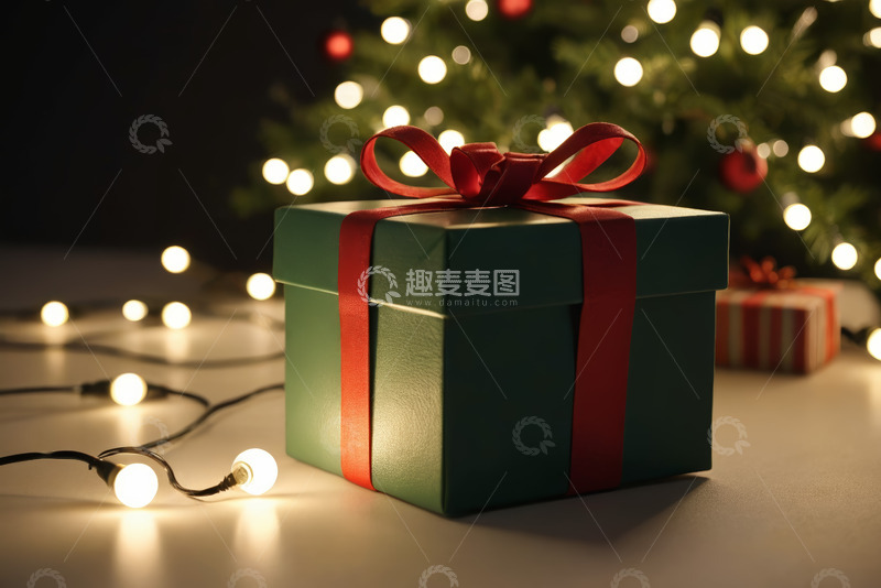 高清大图下载【趣麦麦图】圣诞树下的绿色礼物盒