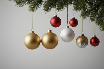 悬挂圣诞装饰球的圣诞树局部