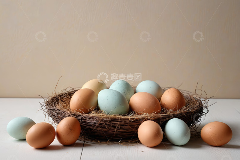 高清大图下载【趣麦麦图】鸟巢中多彩鸡蛋静物展示
