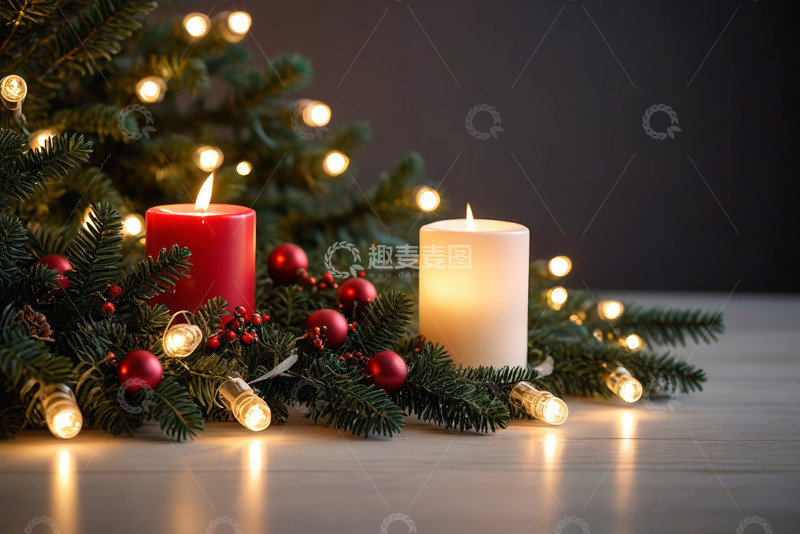 高清大图下载【趣麦麦图】圣诞装饰蜡烛与松枝场景