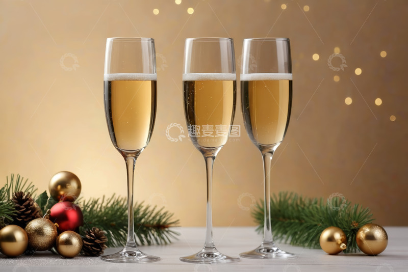 高清大图下载【趣麦麦图】圣诞装饰旁的香槟酒杯