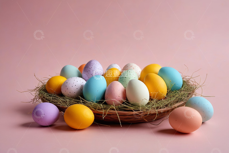高清大图下载【趣麦麦图】篮子中多彩复活节装饰鸡蛋