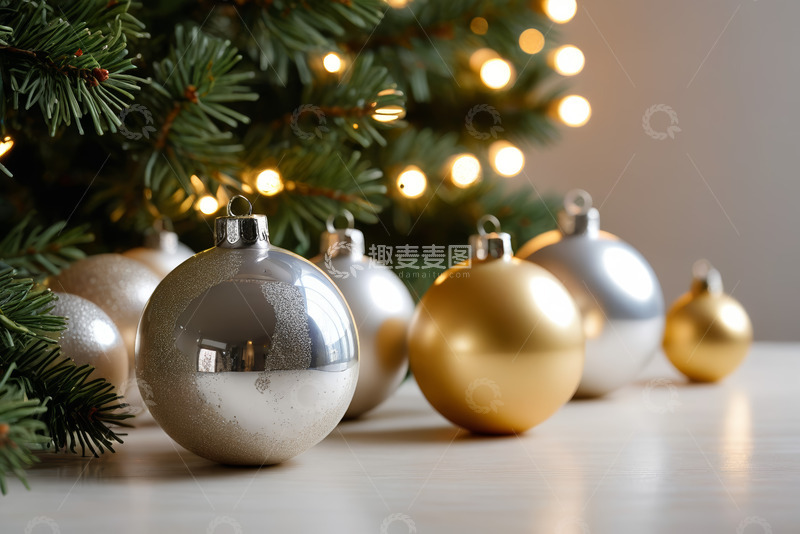 高清大图下载【趣麦麦图】圣诞树下的金银装饰球