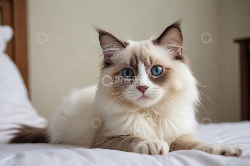 高清大图下载【趣麦麦图】床上的蓝眼睛布偶猫