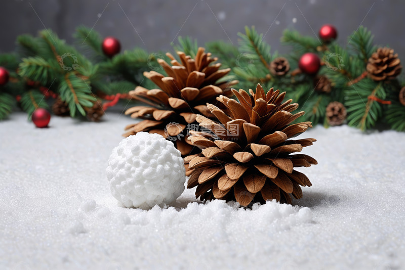 高清大图下载【趣麦麦图】圣诞雪景松果装饰