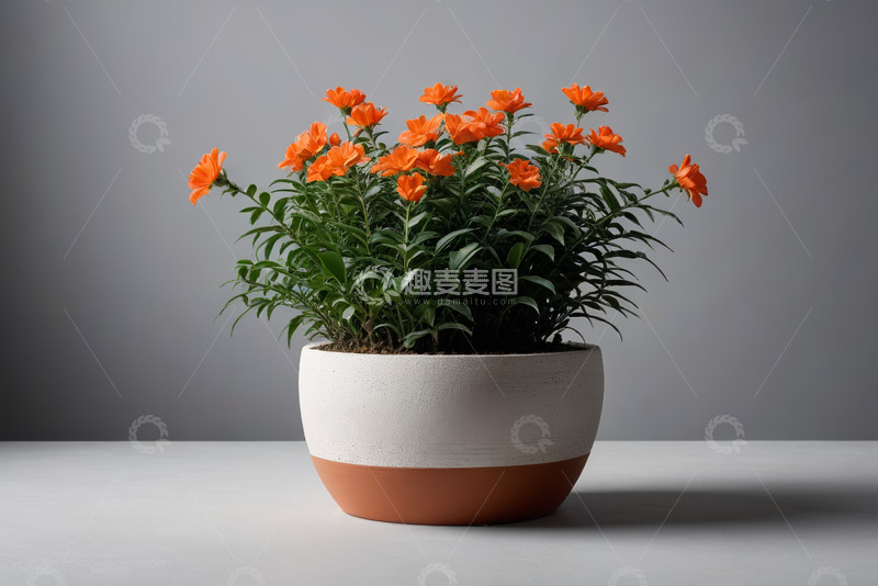 高清大图下载【趣麦麦图】白色花盆中盛开的橙色花卉