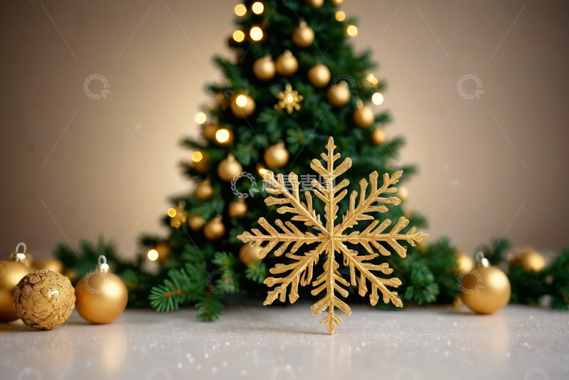 高清大图下载【趣麦麦图】金色雪花装饰与圣诞树素材