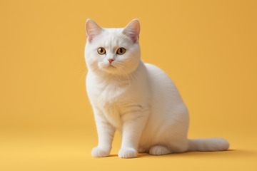 黄色背景前的白色猫咪