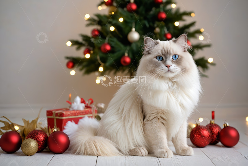 高清大图下载【趣麦麦图】圣诞树下的长毛猫与装饰球