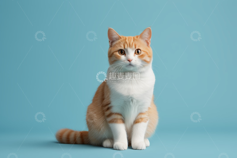 高清大图下载【趣麦麦图】蓝背景前坐着的橙白相间宠物猫