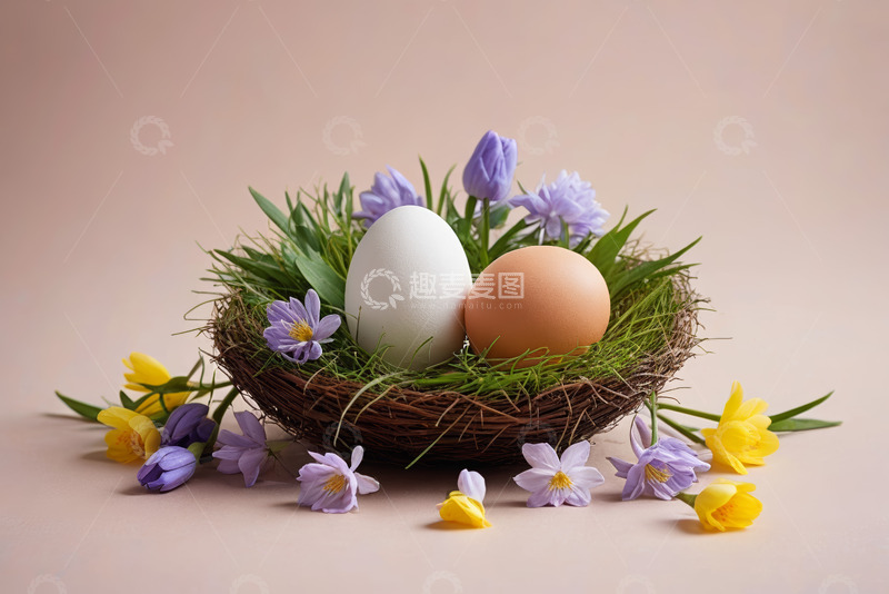 高清大图下载【趣麦麦图】鸟巢中鸡蛋与花卉装饰