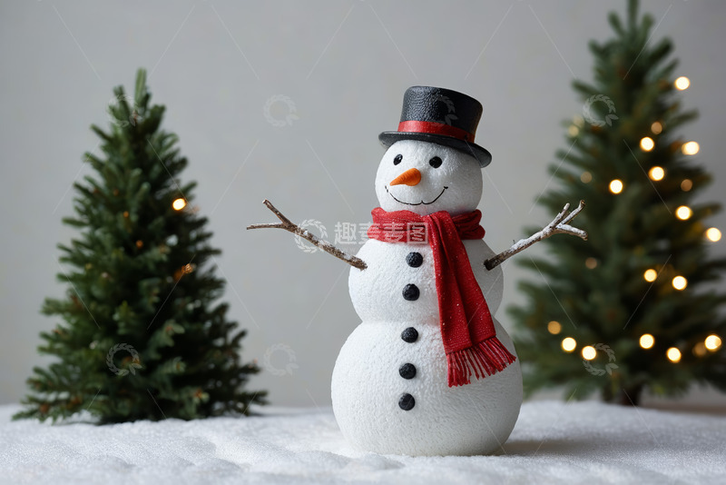 高清大图下载【趣麦麦图】圣诞雪人装饰与圣诞树场景