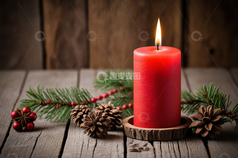 高清大图下载【趣麦麦图】红色蜡烛配圣诞装饰静物