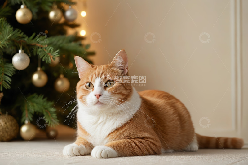 高清大图下载【趣麦麦图】圣诞树旁趴卧的橘白猫咪