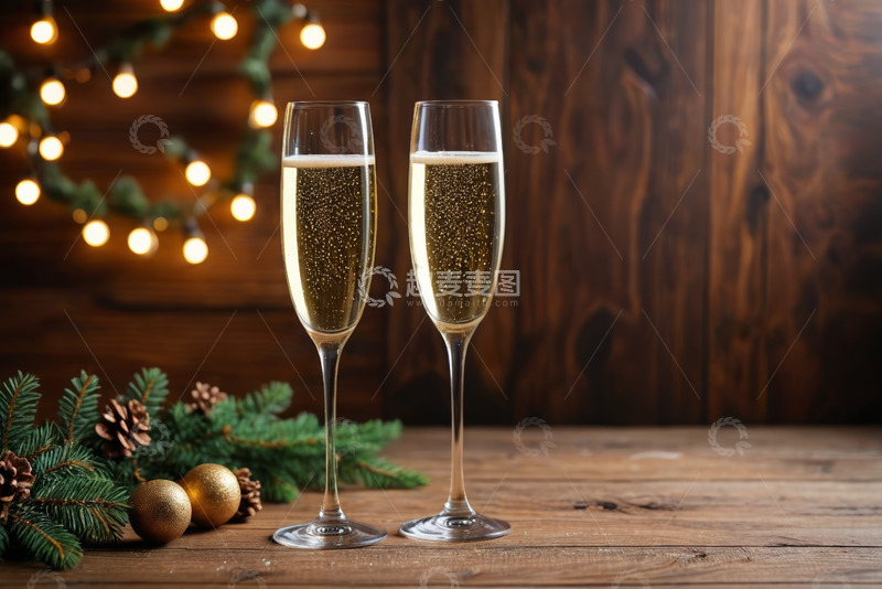 高清大图下载【趣麦麦图】木质桌面上的香槟与圣诞装饰