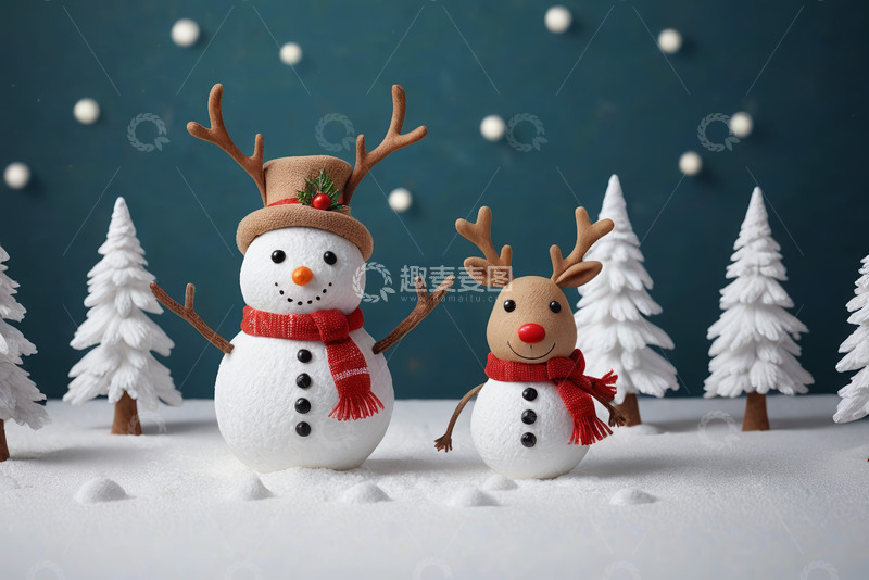 高清大图下载【趣麦麦图】圣诞雪人驯鹿装饰摆件