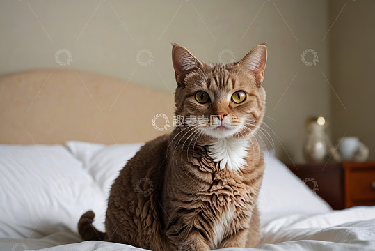 床上坐着的棕色猫咪