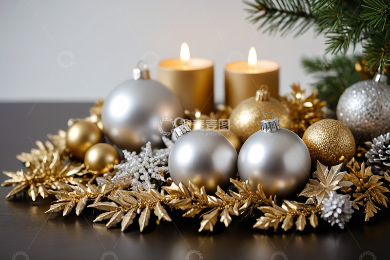 高清大图下载【趣麦麦图】圣诞装饰品与蜡烛组合