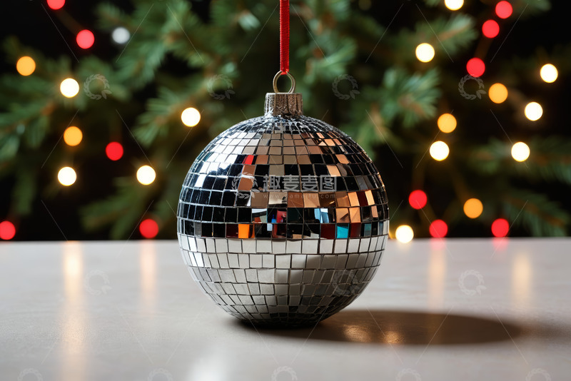 高清大图下载【趣麦麦图】银色迪斯科球与背景圣诞树