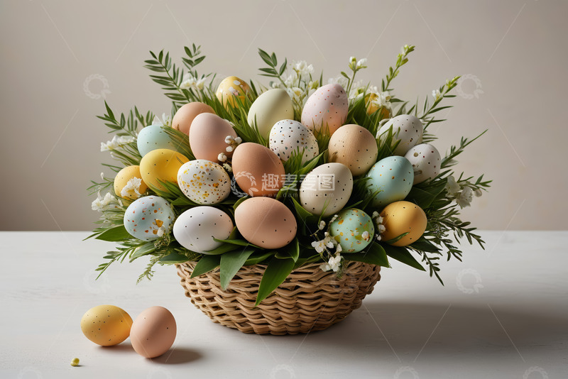 高清大图下载【趣麦麦图】装饰彩蛋置于编织篮中