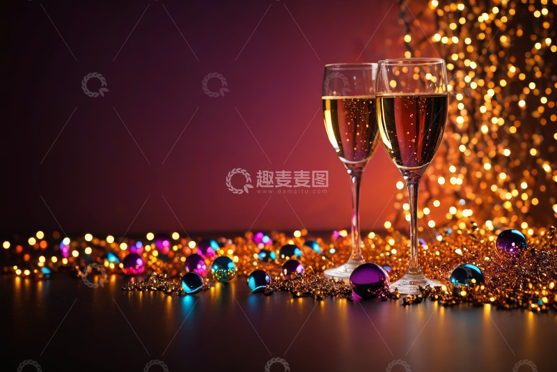 高清大图下载【趣麦麦图】节日香槟酒杯与装饰场景
