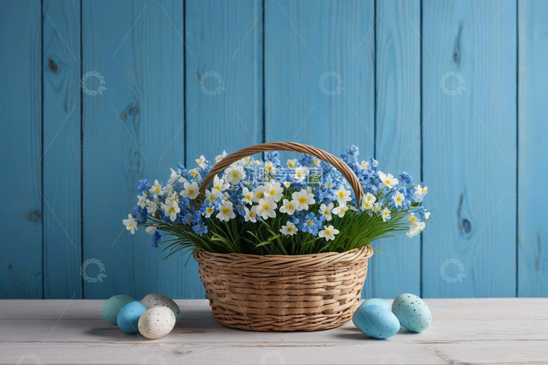 高清大图下载【趣麦麦图】蓝木背景花篮与复活节彩蛋